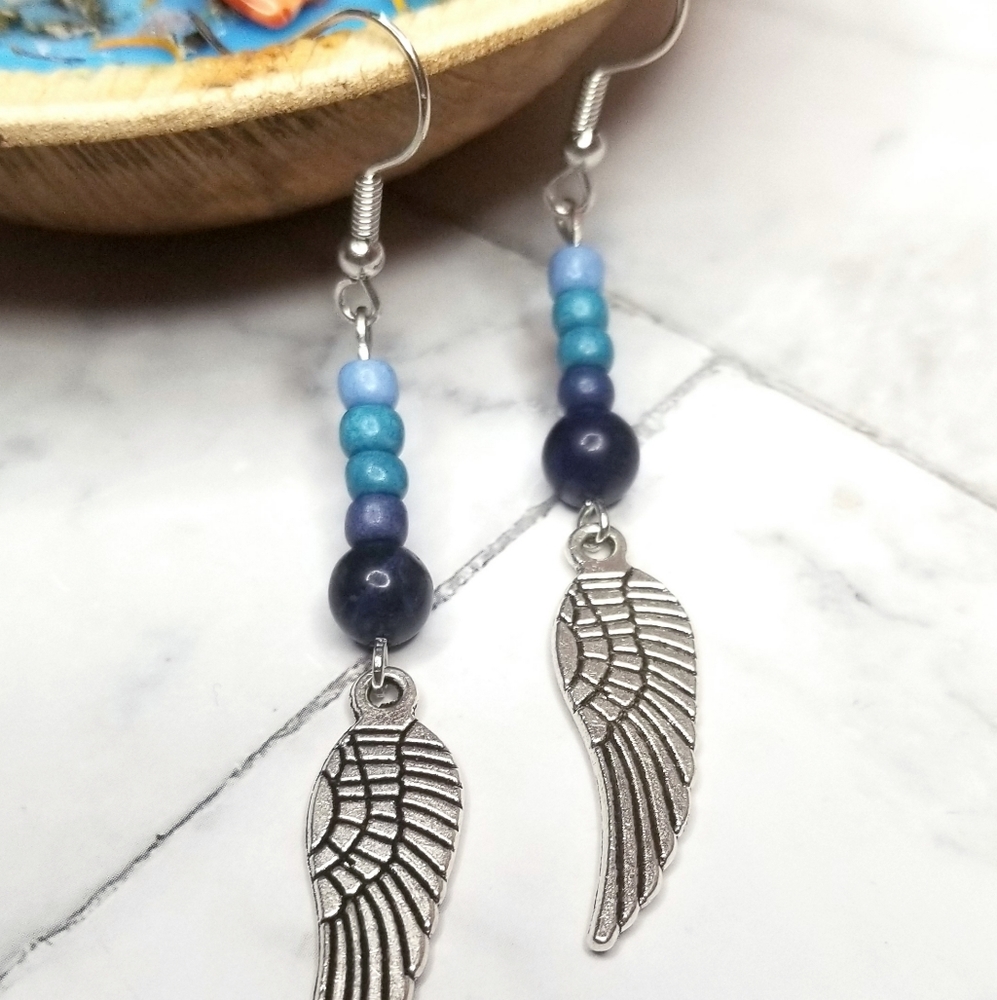Handmade Lapis Lazuli Blue Beaded Feather Earrings